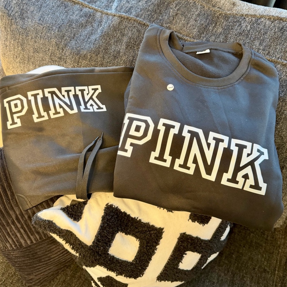 Women’s Pink Letter Print Crewneck Sweatshirt and Drawstring Track Pants Set L - Picture 12 of 13
